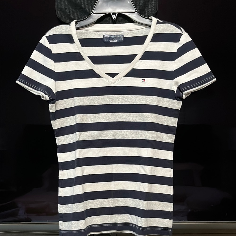 TOMMY HILFIGER - Striped Blue/Black White & Gray V-Neck Top